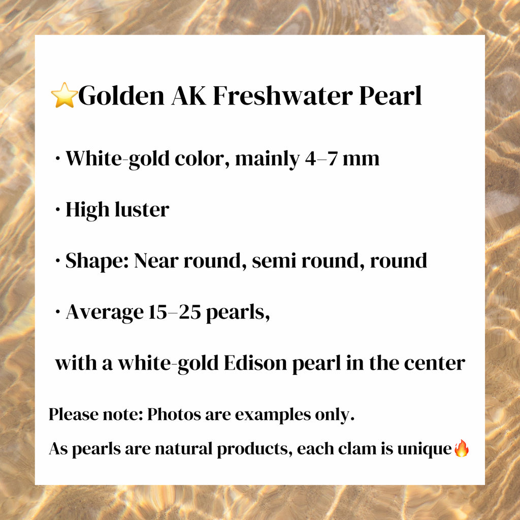 A04. Gold AK Pearl Clam (15–25 Ak Pearls + 1 Edison Pearl) – Size: 4–7mm